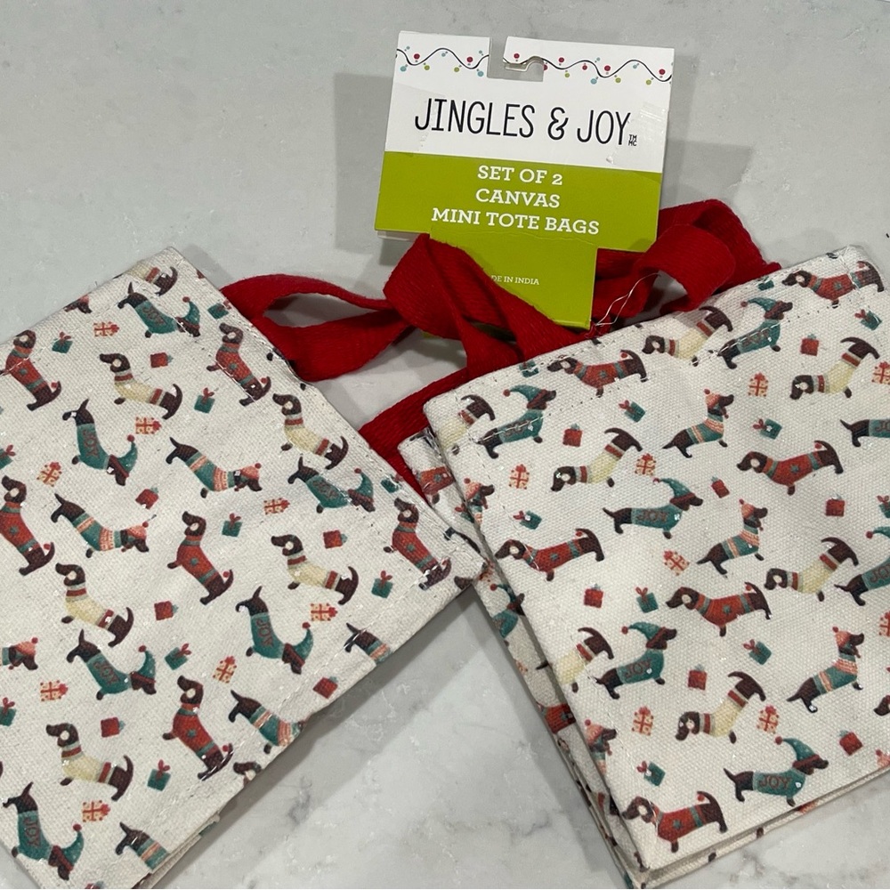 Dachshund Canvas Mini Tote Bags - Red & Cream ft. Dachshunds in festive sweaters